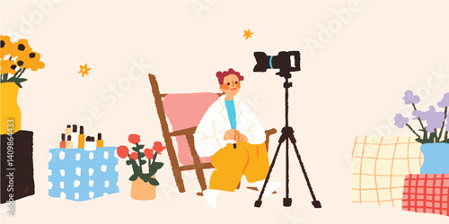 A vibrant scene unfolds as a young woman, enveloped in a cozy atmosphere, creates content in her home studio, a camera captures every moment of her creative process.