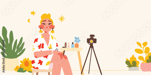 A vibrant scene unfolds as a young woman, enveloped in a cozy atmosphere, creates content in her home studio, a camera captures every moment of her creative process.