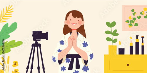 A vibrant scene unfolds as a young woman, enveloped in a cozy atmosphere, creates content in her home studio, a camera captures every moment of her creative process.
