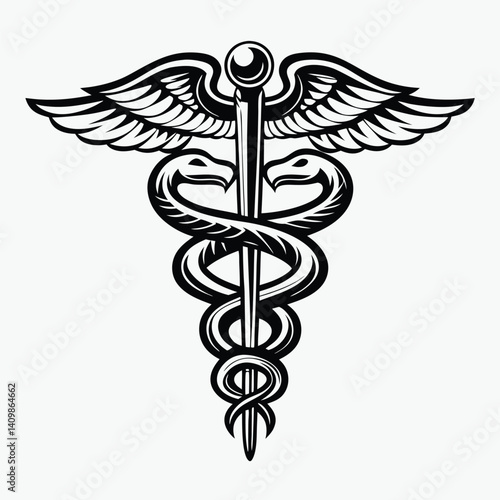 Caduceus Symbol Design Two Snakes Coiled Around a Winged Rod, Medical Emblem, Black Shape