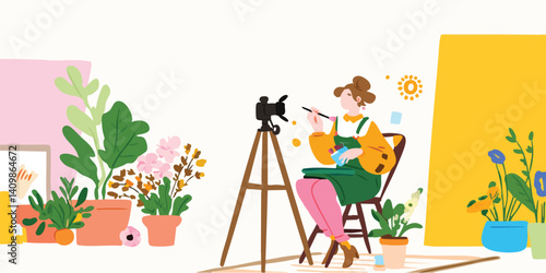 A vibrant scene unfolds as a young woman, enveloped in a cozy atmosphere, creates content in her home studio, a camera captures every moment of her creative process.