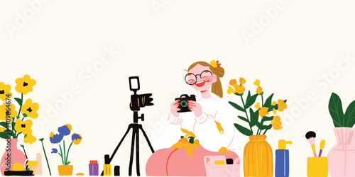 A vibrant scene unfolds as a young woman, enveloped in a cozy atmosphere, creates content in her home studio, a camera captures every moment of her creative process.