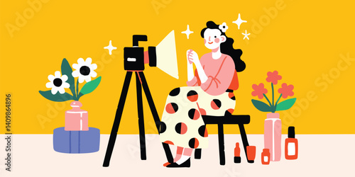 A vibrant scene unfolds as a young woman, enveloped in a cozy atmosphere, creates content in her home studio, a camera captures every moment of her creative process.