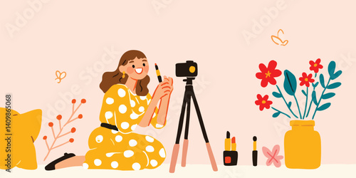 A vibrant scene unfolds as a young woman, enveloped in a cozy atmosphere, creates content in her home studio, a camera captures every moment of her creative process.