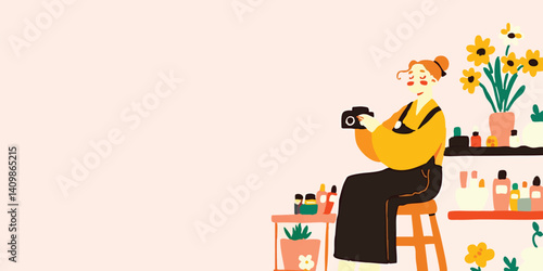 A vibrant scene unfolds as a young woman, enveloped in a cozy atmosphere, creates content in her home studio, a camera captures every moment of her creative process.