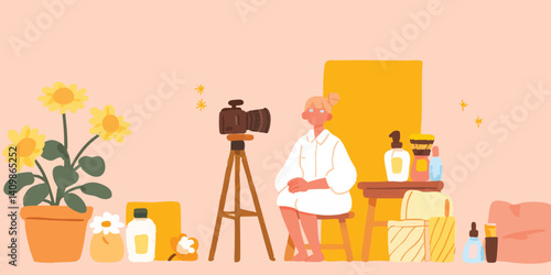 A vibrant scene unfolds as a young woman, enveloped in a cozy atmosphere, creates content in her home studio, a camera captures every moment of her creative process.