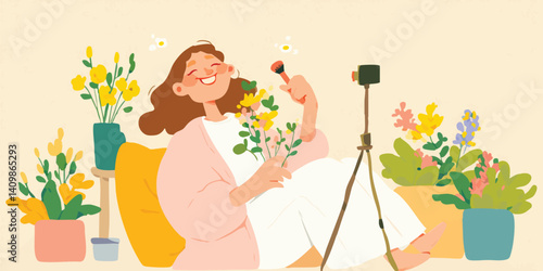 A vibrant scene unfolds as a young woman, enveloped in a cozy atmosphere, creates content in her home studio, a camera captures every moment of her creative process.