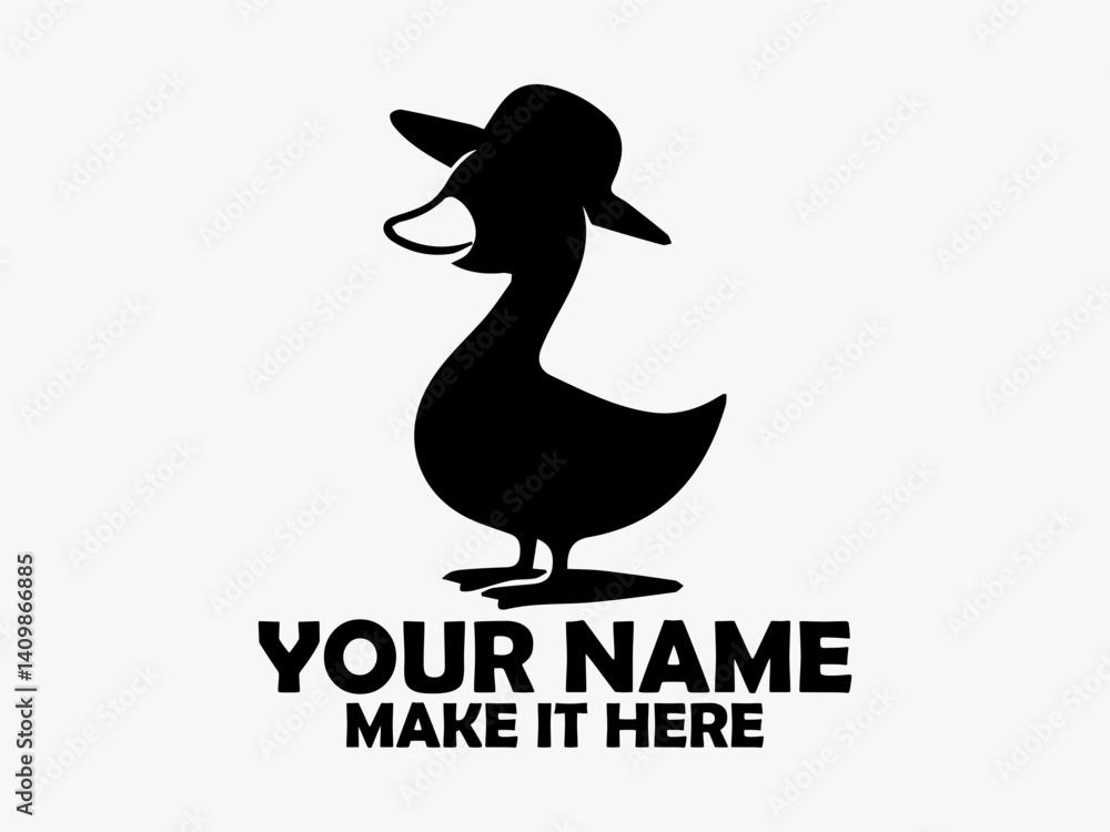 Fototapeta premium Duck isolated clip art design. White background, bird duck vector. Simple black silhouette illustration of a cute cartoon duck wearing a striped hat on a transparent background, logo duck cute