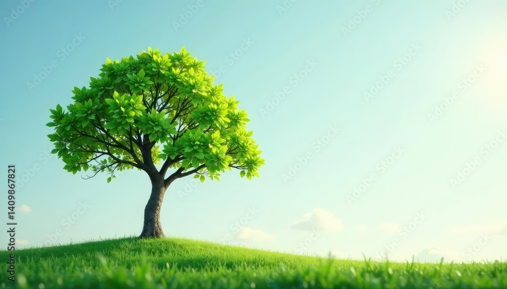 Fototapeta premium Lone young tree, delicate branches, vibrant green leaves, stem, isolated