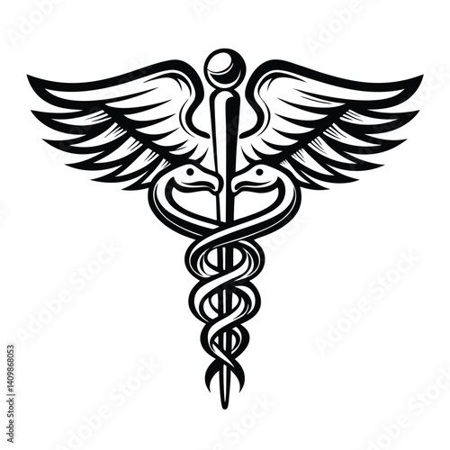 Caduceus Snakes Staff Wings Symbol, Black and White, Medical Icon, Outline, Shape