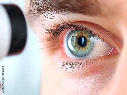 Close-up of a green and blue eye with golden center undergoing an eye exam with diagnostic equipment, showing detailed iris pattern and skin texture