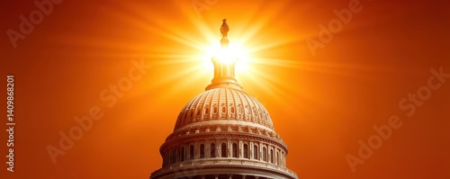 Brilliant rays of the setting sun highlight the architectural details of the US Capitol against a fiery backdrop - sky neoclassical landmark US