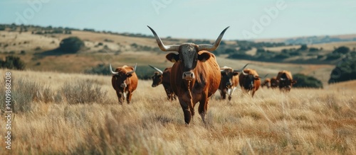 Majestic Herd of Texas Longhorn Cattle Grazing in a Golden Field