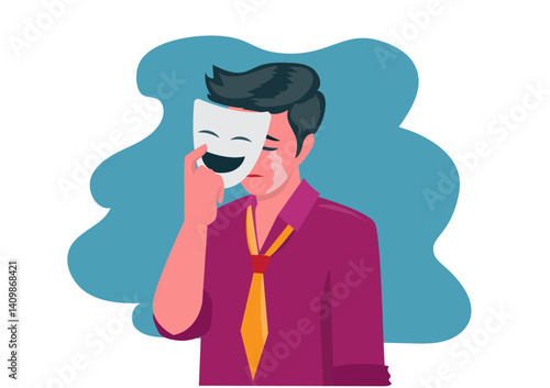 man wearing a mask with a smile but hide the real face that is crying in sorrow, flat style cartoon vector illustration