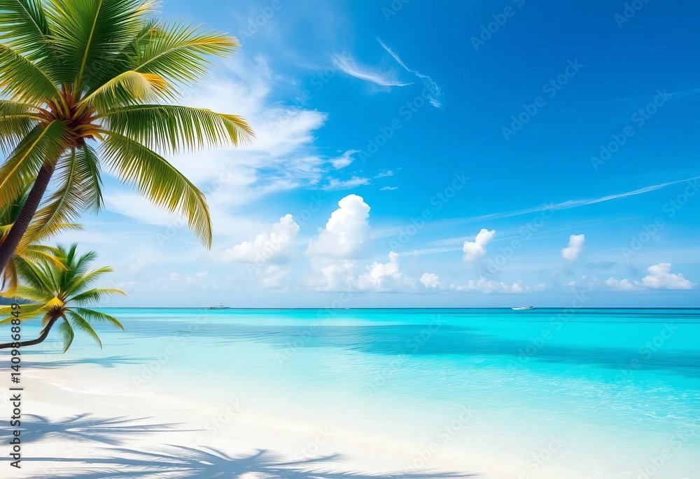 Azure sky, white clouds, turquoise ocean, palm trees, soft sand, vacation, florida Azure sky, white clouds, turquoise ocean, palm trees, soft sand, vacation, florida