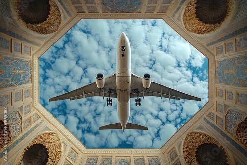Majestic Airplane Soaring Above Intricate Architectural Ceiling