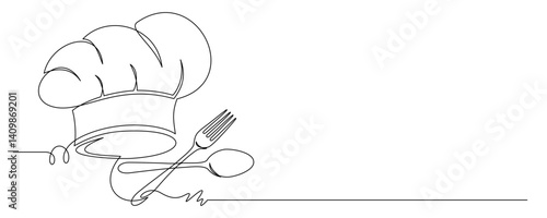 chef's hat and cutlery in one continuous line 2