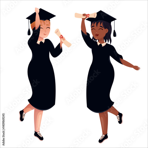 Happy graduates in colleges and universities, students in academic gowns. Celebrating graduation day.
