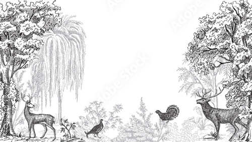 Toile park with deer animal, willow, tree, birds frame. Classic landscape mural.	