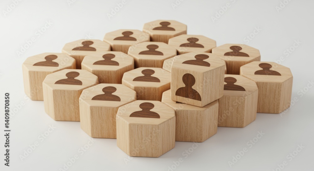 Wooden blocks with person icons arranged in a pyramid shape on a white surface. Wooden blocks with person icons arranged in a pyramid shape on a white surface.