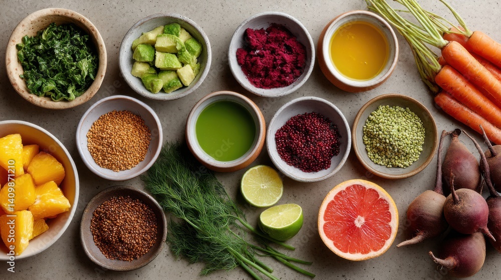 Overhead shot of bowls filled with assorted fruits vegetables and ingredients on a flat surface Overhead shot of bowls filled with assorted fruits vegetables and ingredients on a flat surface