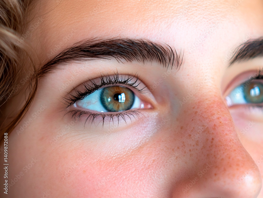 Fototapeta premium Close-up of a young person's face focusing on blue-green eyes with long eyelashes, natural eyebrows, light freckles on nose, and smooth, clear skin in natural lighting