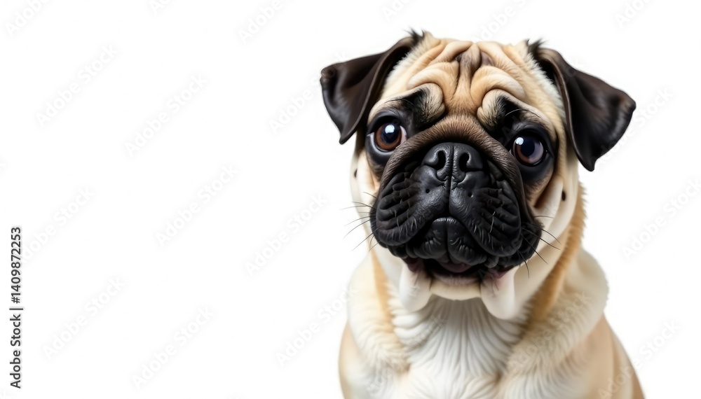 Obraz premium Solo pug, front view, against pure white backdrop, puppy, loyal