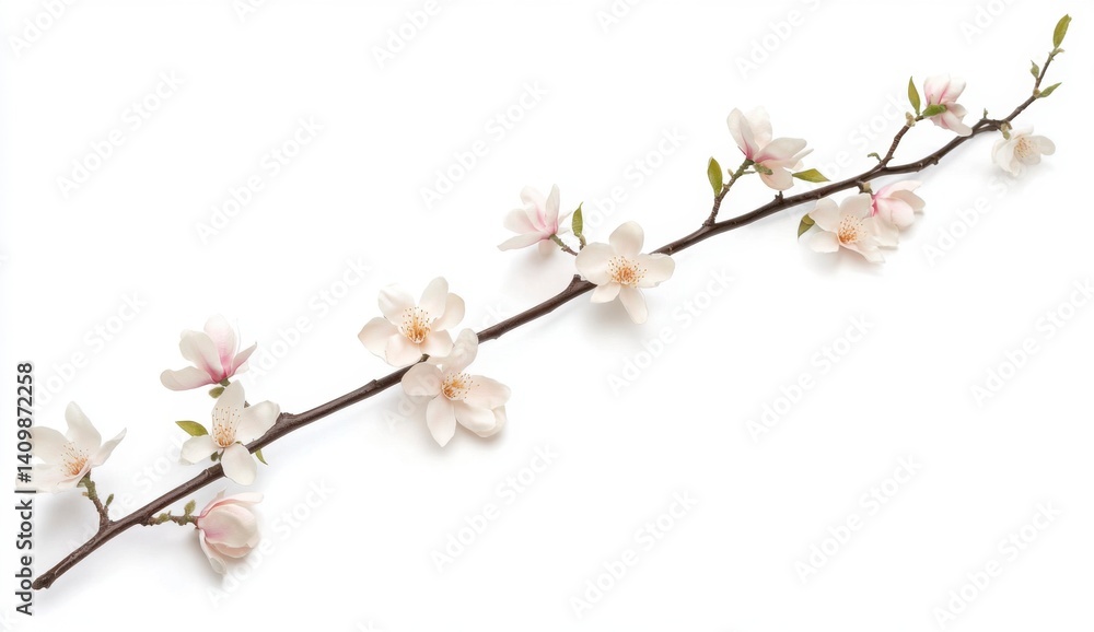 Delicate Blossom Branch with Soft Pink Flowers on White Background Delicate Blossom Branch with Soft Pink Flowers on White Background