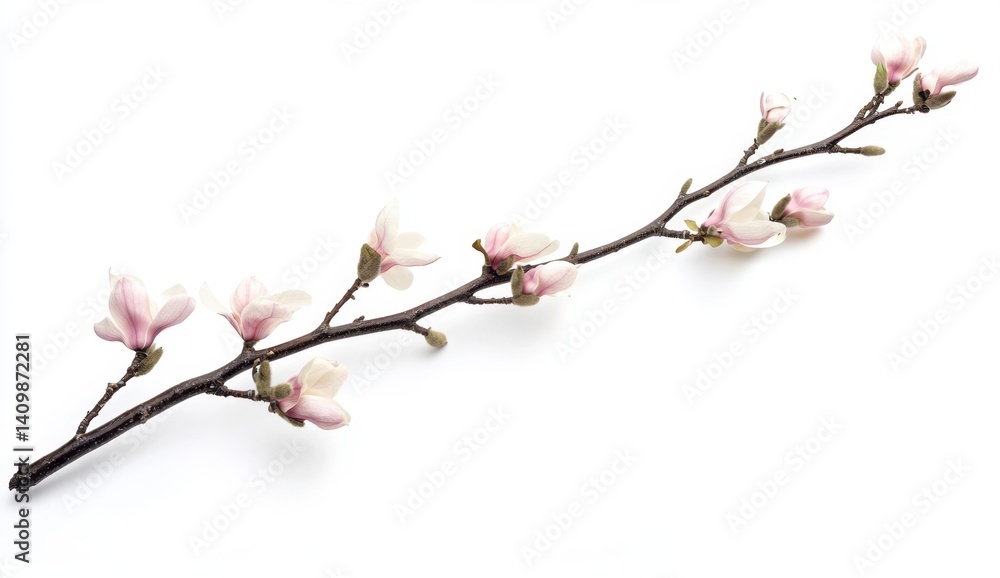Delicate Branch with Pink Blossoms on White Background Delicate Branch with Pink Blossoms on White Background
