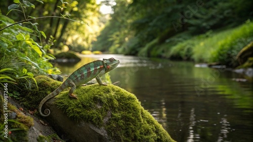A chameleon on a moss-covered rock in a countryside stream, natural light reflecting off the water