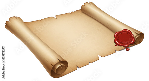 Realistic open parchment scroll with red wax seal isolated on  white background