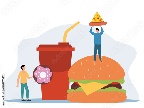 Tiny character interacting with large fast food and enjoying eating Hamburger, cold drink, vector illustration.
