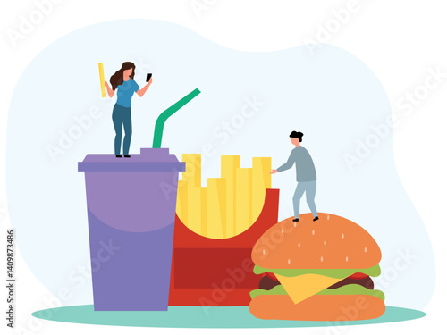 Brand Name Smart Phone,Small,Store,Food and Drink,French Fries,Females,Illustration,Women,Using Phone,Portable Information Device,Adult,Buying,Choosing,Concepts,Cut Out,Delivering,Digital Tablet,Dough