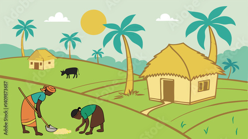 Traditional Village Life With Farmers And Thatched Huts In A Tropical Landscape