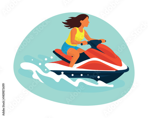 A girl riding a jet ski on water in a yellow shirt and blue shorts, confidently holding the steering wheel, her hair fluttering in the wind. Splashes of water fly around and a blue background conveys 