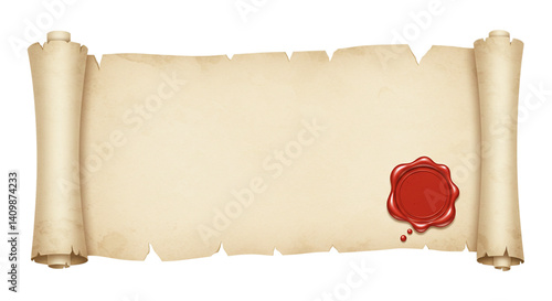 Realistic open parchment scroll with red wax seal isolated on white background