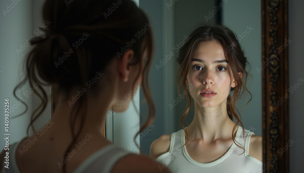 Fototapeta premium A young woman gazing into a mirror, reflecting on her inner thoughts and emotions.