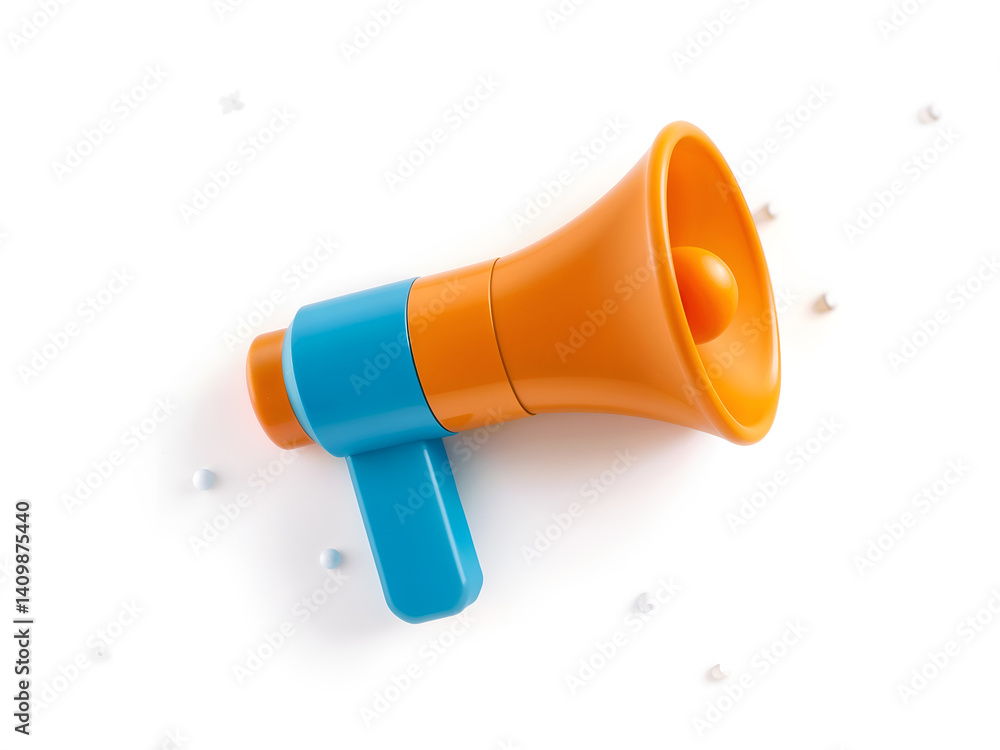 3D orange-blue megaphone icon representing sound, alerts, or digital marketing. Generative AI