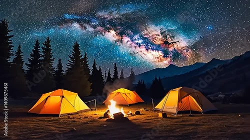 Night camping scene with three tents, campfire, and Milky Way