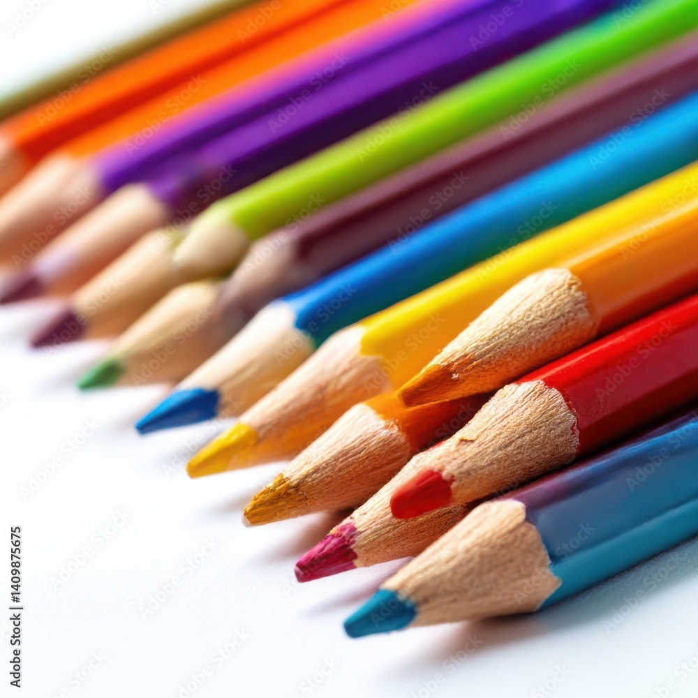 A closeup shot of a row of brightly colored pencils arranged diagonally on a clean, white background A closeup shot of a row of brightly colored pencils arranged diagonally on a clean, white background