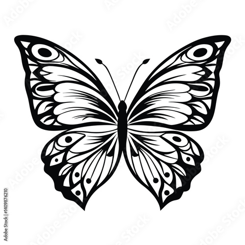 Elegant Black and White Butterfly Silhouette Design with Detailed Wing Patterns Art