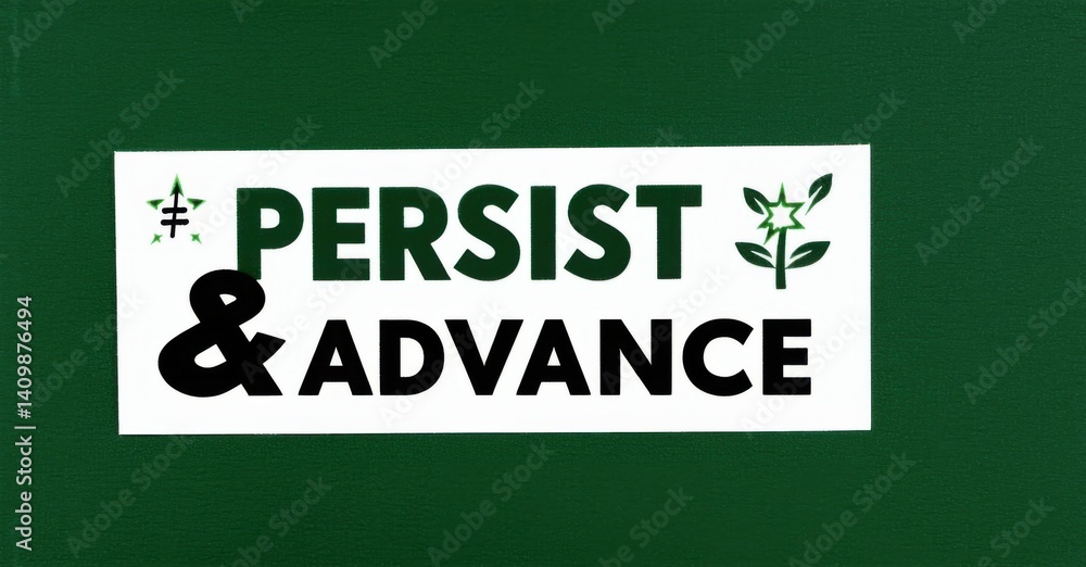 Naklejka premium White rectangular sign displays text Persist Advance. Small floral graphics flank words. Dark green textured background provides contrast. Simple, motivational message presented clearly.