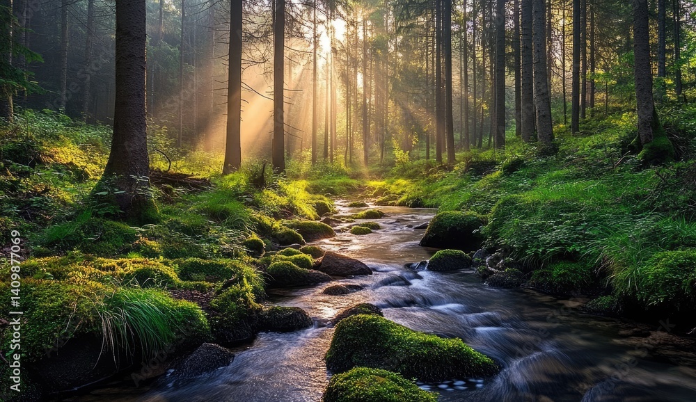 Obraz premium Sunbeams pierce misty forest, illuminating a tranquil stream flowing over moss-covered rocks