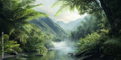Serene Green Landscape with Lush Vegetation and Misty River Scene