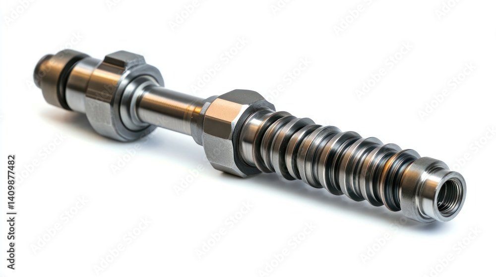 Close-up of a metallic industrial component with multiple sections, nuts, and a spring mechanism, isolated on white background. Close-up of a metallic industrial component with multiple sections, nuts, and a spring mechanism, isolated on white background.
