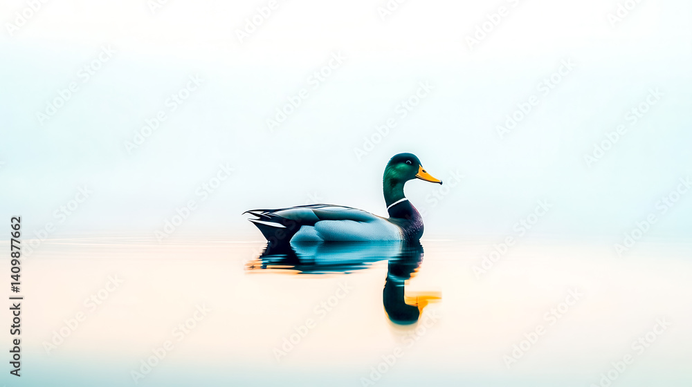 Obraz premium Majestic mallard duck floating serenely on tranquil pond at dawn