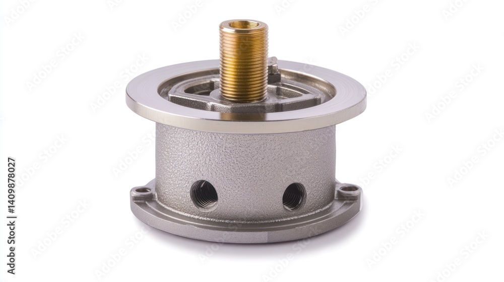 Close-up of a metallic industrial part with threaded brass insert and multiple holes. Close-up of a metallic industrial part with threaded brass insert and multiple holes.