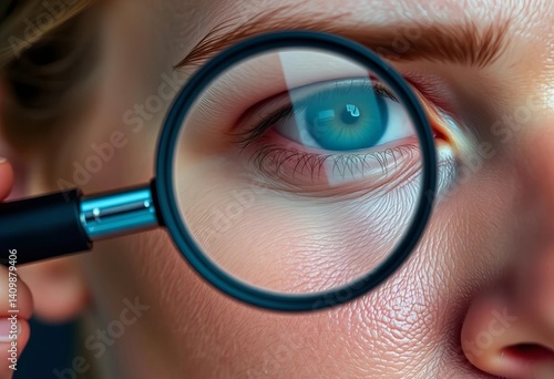 Close-up of face with magnifying glass over problematic skin area,  surface, blemishes
