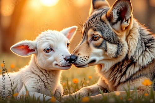 AI un simpatico e tenero agnellino gioca con la madre e con il lupo 03