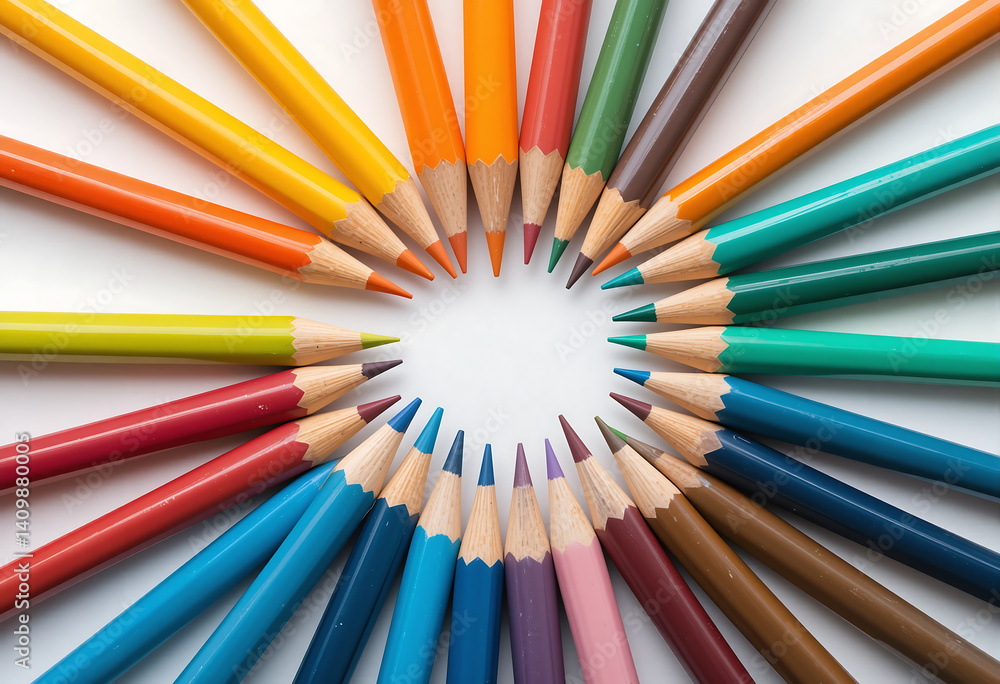 Colorful circle of pencils arranged on a white background in a circular pattern design art Colorful circle of pencils arranged on a white background in a circular pattern design art